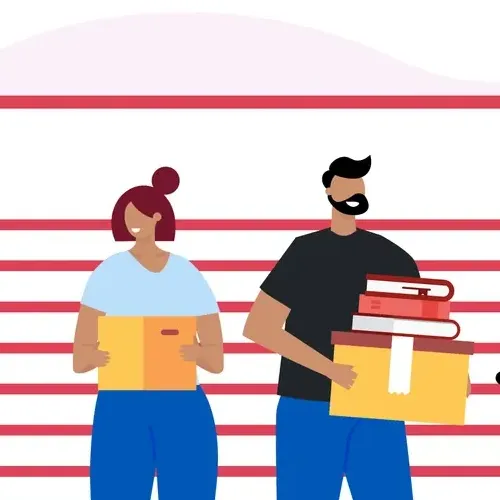 Illustration of man and woman pushing moving boxes in a flat bed cart of a self storage facility